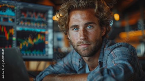 Young Professional Analyzing Stock Market Trends in Modern Office Environment During Late Afternoon