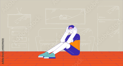Affordable housing crisis cartoon flat illustration. Homeless young adult man struggling with rent 2D character colorful background. Social problem homelessness scene vector storytelling image