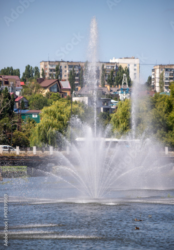 city ​​fountain in pond park nature in summer