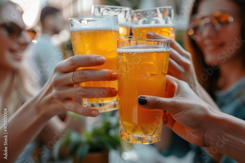 Close up glass of beer in hand, group of happy friends drinking and toasting beer