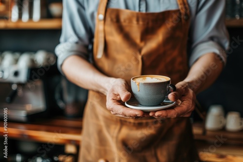 hand of Barista working in coffee shop, preparing latte, making cappuccino. Bartender in apron preparing coffee © Igor