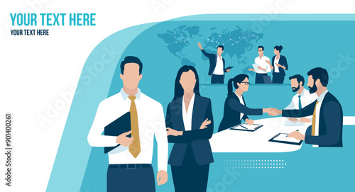Business vector illustration template with copy space. Global trade, investment. International business. Business team in front of the world map. 