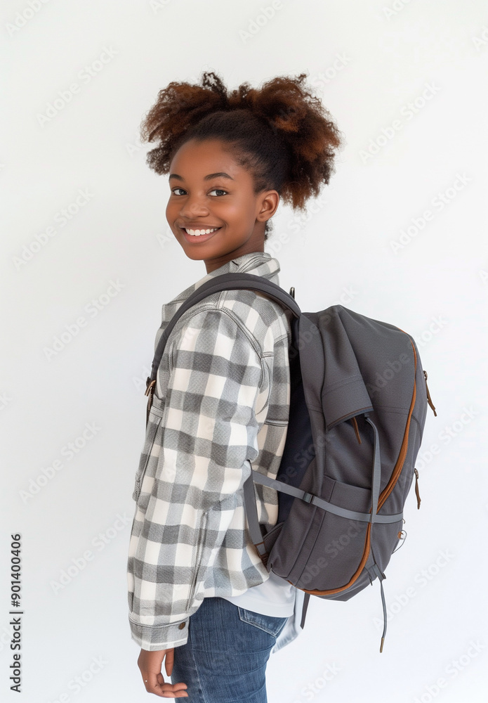 Rentrée des classes sur fond blanc : fille adolescente porte un sac à dos noir, lycéenne ou collégienne de retour à l'école, au lycée ou au collège Rentrée des classes sur fond blanc : fille adolescente porte un sac à dos noir, lycéenne ou collégienne de retour à l'école, au lycée ou au collège