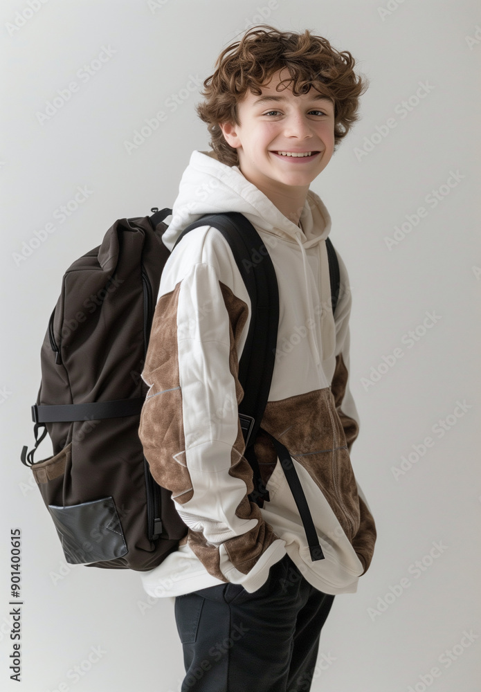 Rentrée des classes sur fond blanc : garçon adolescent stylé, en veste blanche, porte un sac à dos : lycéen ou collégien de retour à l'école, au lycée ou au collège Rentrée des classes sur fond blanc : garçon adolescent stylé, en veste blanche, porte un sac à dos : lycéen ou collégien de retour à l'école, au lycée ou au collège
