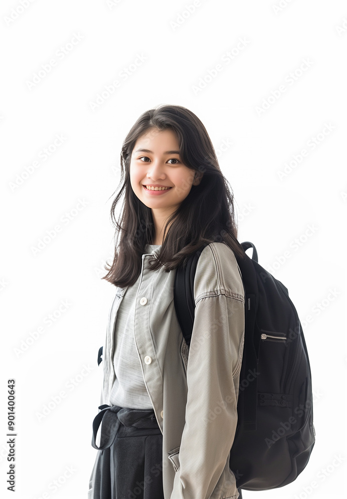 Rentrée des classes sur fond blanc : fille adolescente stylée, en T-shirt gris, porte un sac à dos, lycéenne ou collégienne de retour à l'école, au lycée ou au collège Rentrée des classes sur fond blanc : fille adolescente stylée, en T-shirt gris, porte un sac à dos, lycéenne ou collégienne de retour à l'école, au lycée ou au collège