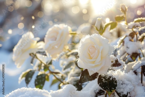 Close up Snowy winter landscape with white roses and leaves sunny day