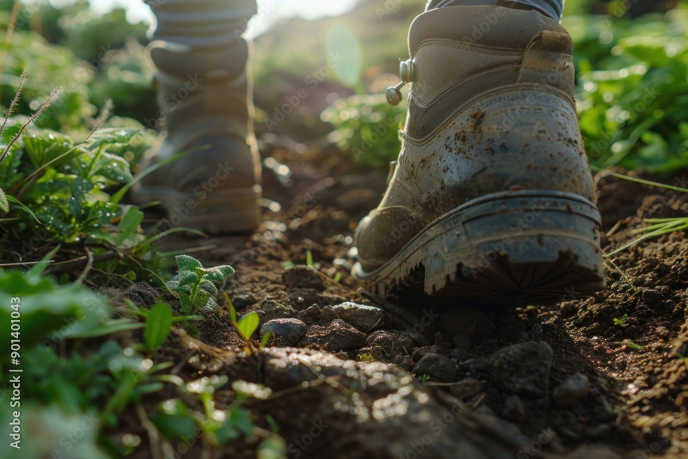 Obraz premium close-up of hiker's boots on a rugged trail, detailed texture of the trail and surrounding greenery