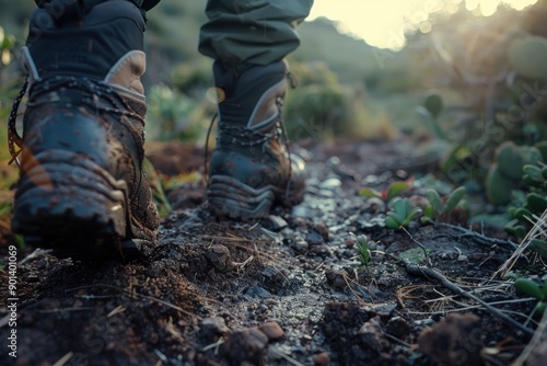 close-up of hiker's boots on a rugged trail, detailed texture of the trail and surrounding greenery © Igor