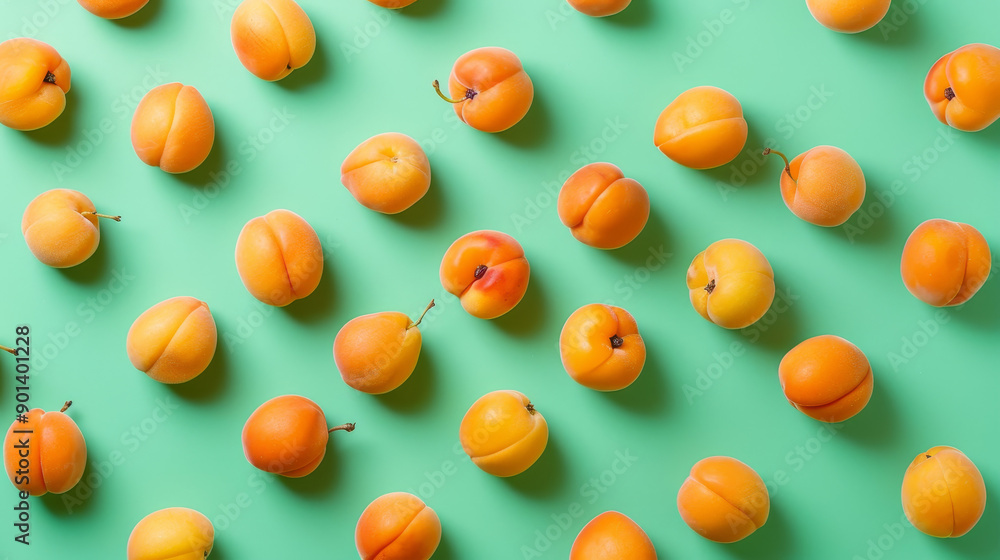 Apricot pattern. Trendy summer background. Ripe fresh apricots on a green background. Top view, flat lay. Ideal for summer sales, advertising, wrapping paper, posters, greeting cards, and cover backgr Apricot pattern. Trendy summer background. Ripe fresh apricots on a green background. Top view, flat lay. Ideal for summer sales, advertising, wrapping paper, posters, greeting cards, and cover backgr