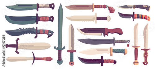 combat knife. weapon dagger blade fight attack, vector cartoon illustration