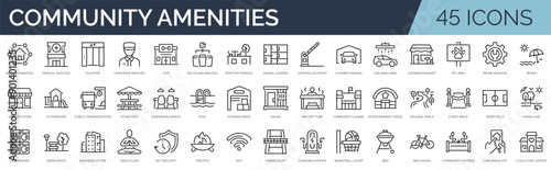 Set of 45 outline icons related to commmunity amenities. Linear icon collection. Editable stroke. Vector illustration