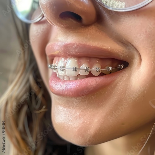 Close-up of a smiling mouth with braces on teeth, glossy lips, and smooth skin, on a light background. photo