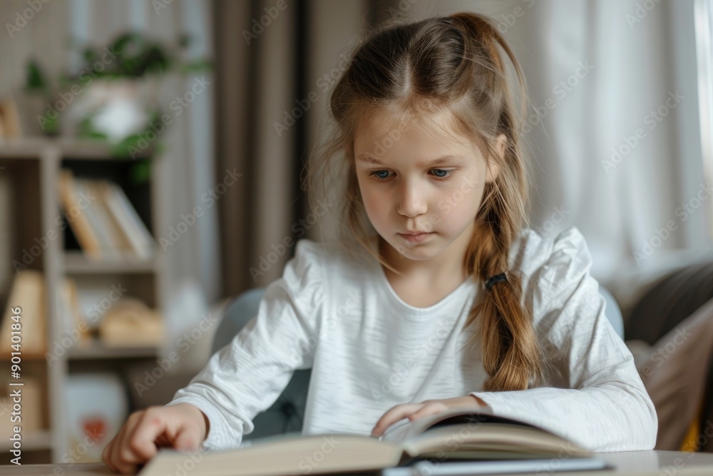 Concentrated white girl child doing his homework at home. The girl struggles to read a book. Education, school Concentrated white girl child doing his homework at home. The girl struggles to read a book. Education, school