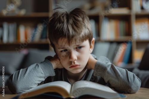 Concentrated white boy child doing his homework at home. The boy struggles to read a book. Education, school