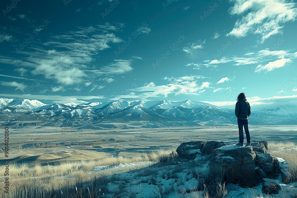 A person standing on a rocky outcrop overlooking snowy mountains at dusk, copyspace for text A person standing on a rocky outcrop overlooking snowy mountains at dusk, copyspace for text