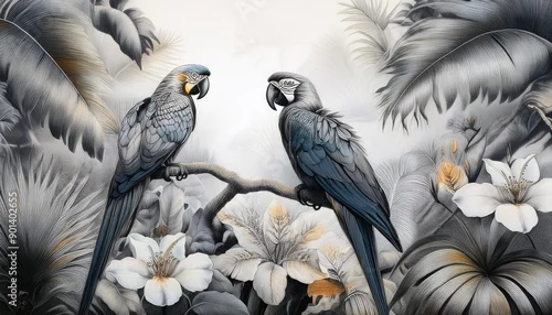 Obraz Tropikalny las z papugami. Tapeta, tło, grafika w stonowanych kolorach