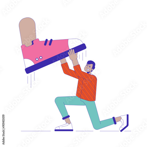 Oppressed man resists social pressure 2D illustration concept. Indian guy fighting big foot crushing cartoon character isolated on white. Confrontation metaphor abstract flat vector graphic