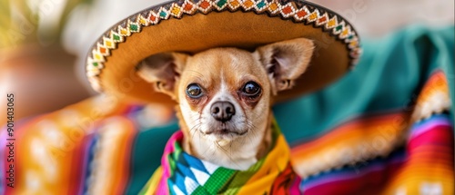 A small brown chihuahua in a Mexican costume with a sombrero and serape sits looking curious on a yellow striped surface, creating a light-hearted and cute scene.