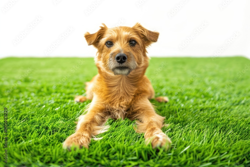 Dog doing yoga meditation on green grass lawn Isolated on white background Dog doing yoga meditation on green grass lawn Isolated on white background