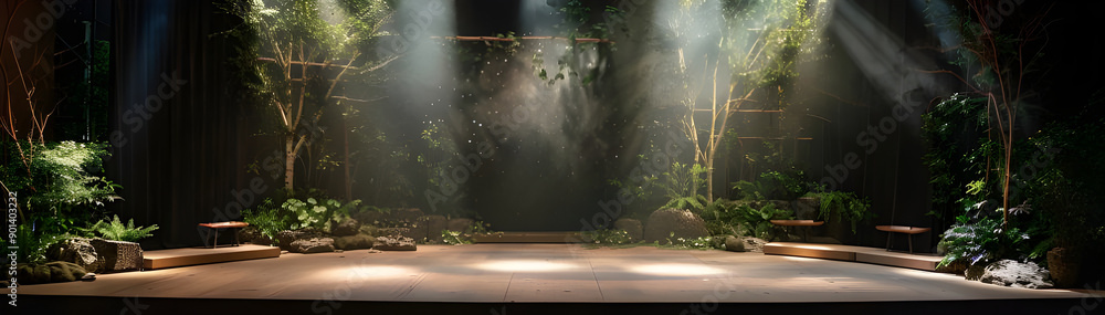 Fototapeta premium A serene stage setup with forest-themed decor, featuring lush greenery and dramatic spotlights for a nature-inspired ambiance.