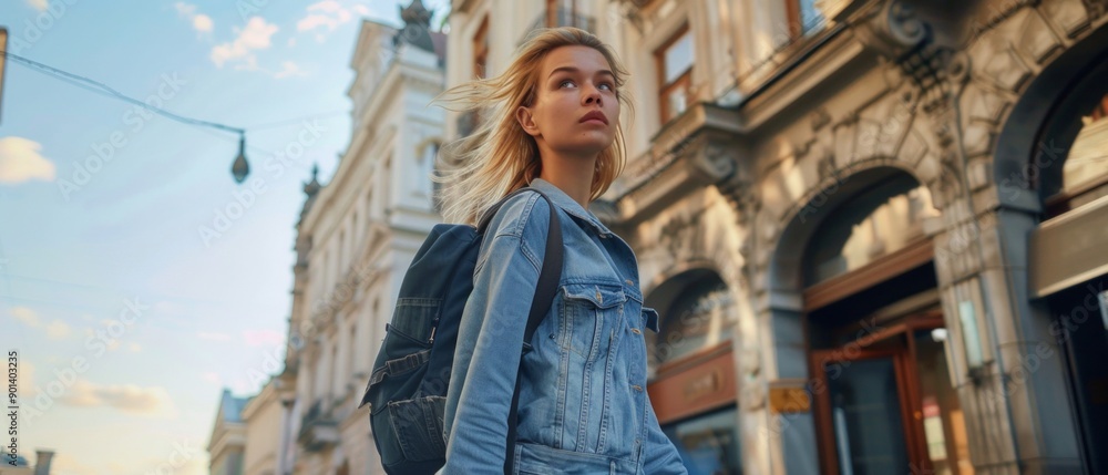 Naklejka premium Image: Blonde woman in denim jacket with black backpack walks in old city. Serious expression, classical buildings, traffic light in background.