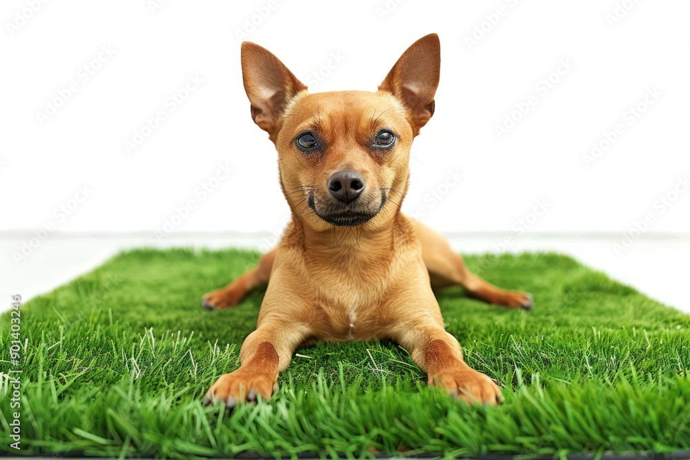 Dog doing yoga meditation on green grass lawn Isolated on white background Dog doing yoga meditation on green grass lawn Isolated on white background