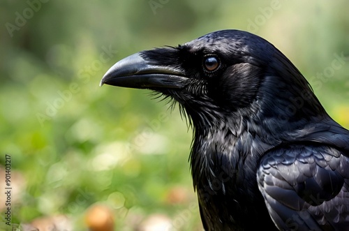 A view of the face of a beautiful large black crow