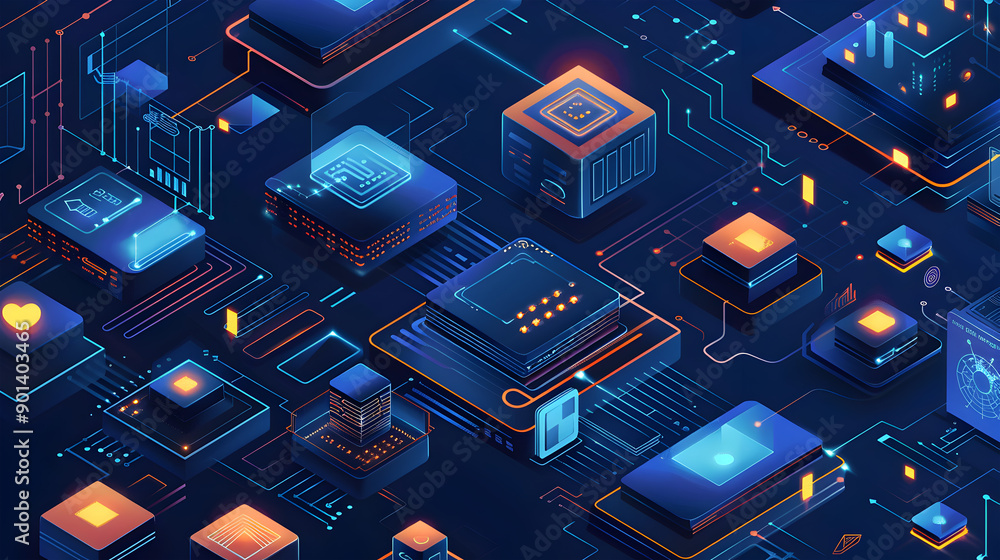 Digital technology and engineering isometric background. Generative Ai. Digital technology and engineering isometric background. Generative Ai.