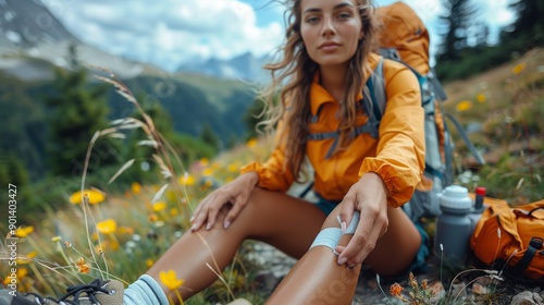 A hiker sitting in a meadow with gear, a band-aid on her knee. Serene scenery of wildflowers and mountains.
