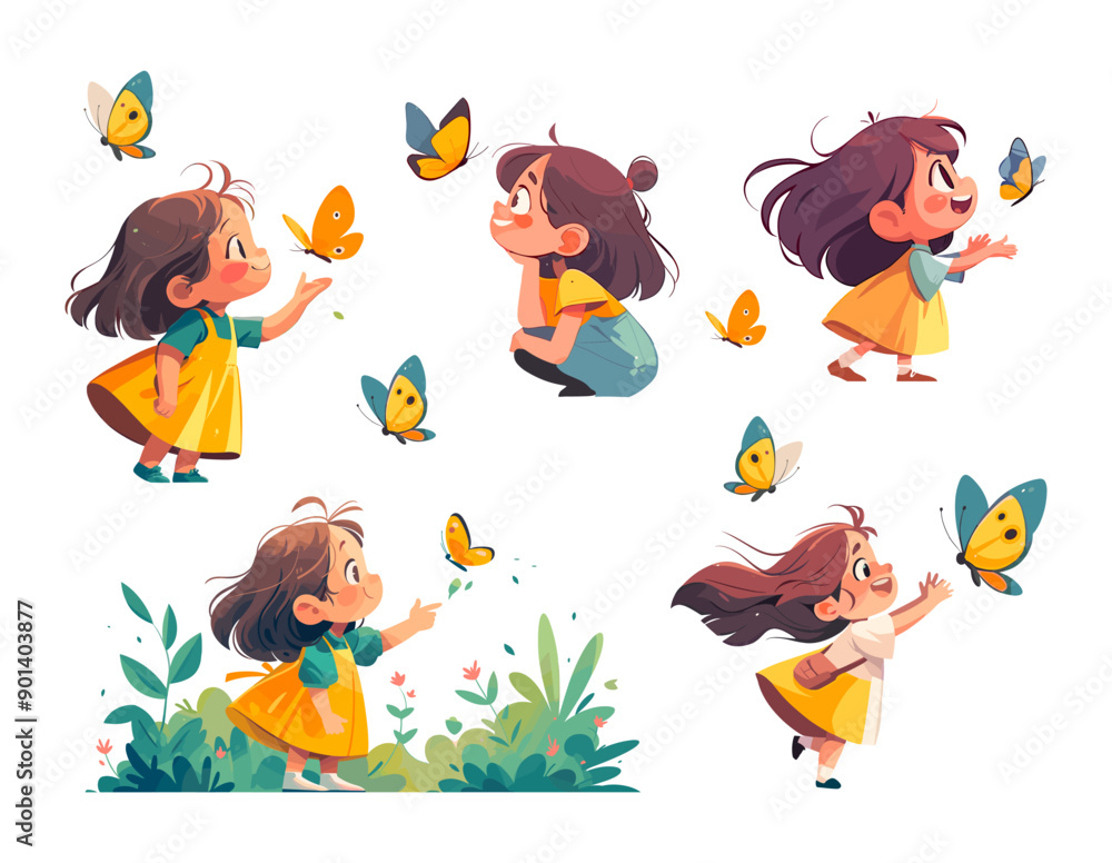 Fototapeta premium cute little girl. garden child butterfly summer yellow dress book kind illustration cartoon