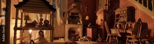 Creepy dollhouse with broken toys, dusty furniture, and eerie shadows cast by flickering candlelight
