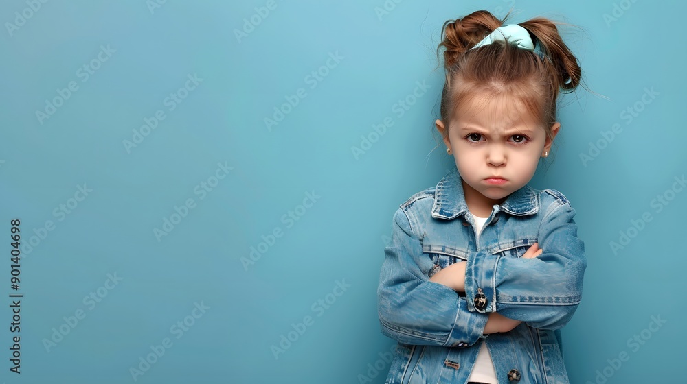 Photo portrait of charming little girl crossed hands moody unhappy wear trendy jeans outfit isolated on blue color background Photo portrait of charming little girl crossed hands moody unhappy wear trendy jeans outfit isolated on blue color background