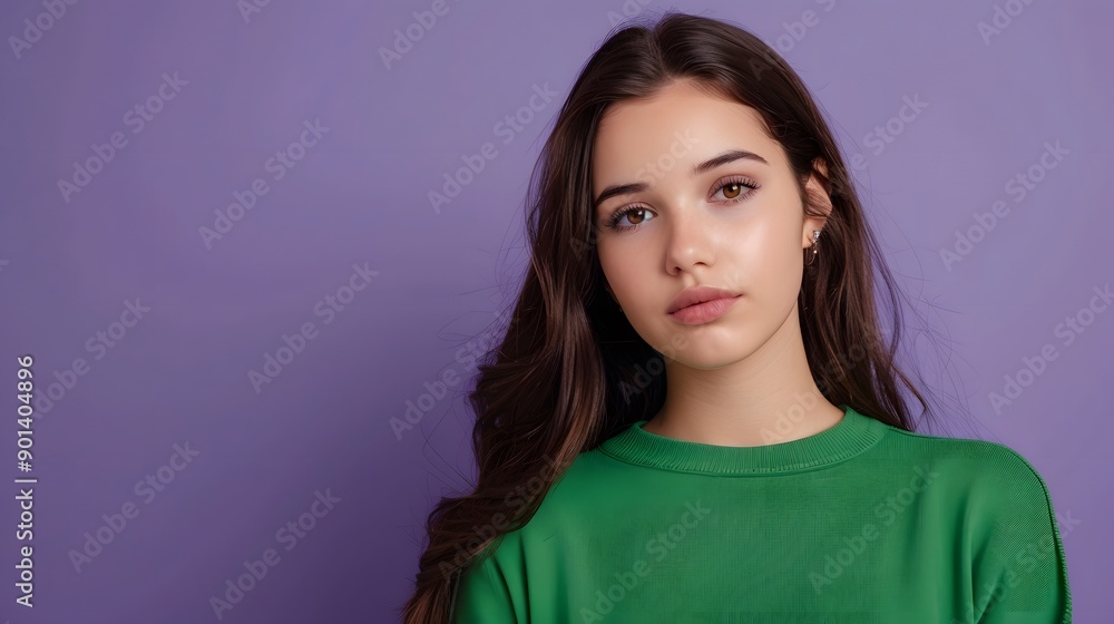 Fototapeta premium Photo portrait of lovely teen lady look empty space dressed stylish green garment isolated on purple color background