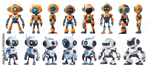 cute robot cartoon set. character from different sides, vector illustration