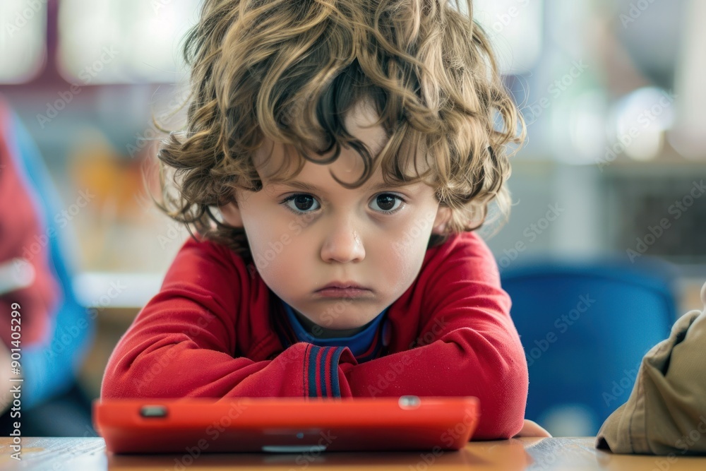 Focused little boy using a tablet in class Focused little boy using a tablet in class