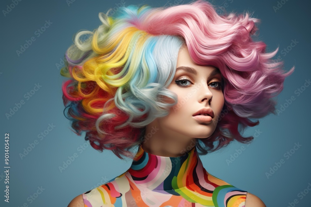 Fototapeta premium Stylish young woman with vibrant pastel curly hair against a blue background