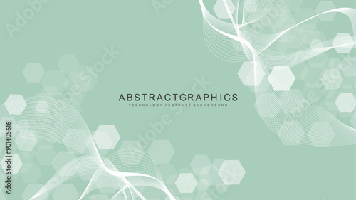 Modern scientific background with hexagons, lines and dots. Wave flow abstract background. Molecular structure for medical, technology, chemistry, science. Vector illustration