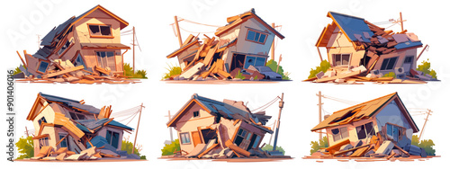 destroyed house cartoon set. disaster threat cataclysm earthquake hurricane natural anomaly. vector illustration