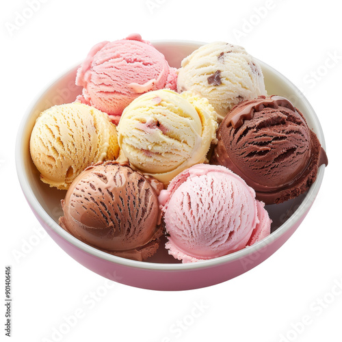 A delightful bowl of assorted ice cream scoops in various flavors, isolated on a white background, transparent background.