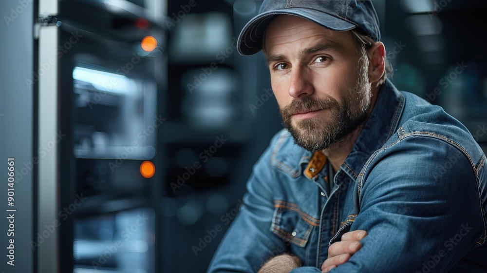 Technician with guarantee certificate fixing refrigerator, promoting trusted service, [guarantee, repair]