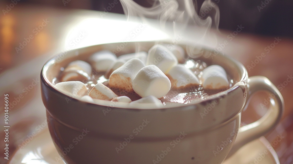 Close-up of a steaming cup of hot chocolate with abstract marshmallow shapes Close-up of a steaming cup of hot chocolate with abstract marshmallow shapes