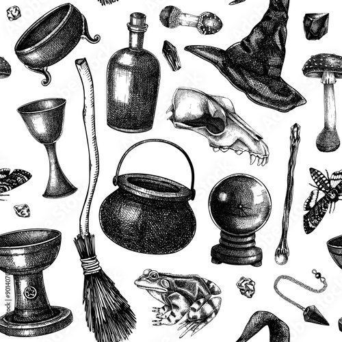 Bohemian-style witchcraft background. Vintage Halloween sketches. Hand-drawn vector illustration. Witchcraft seamless pattern. NOT AI generated
