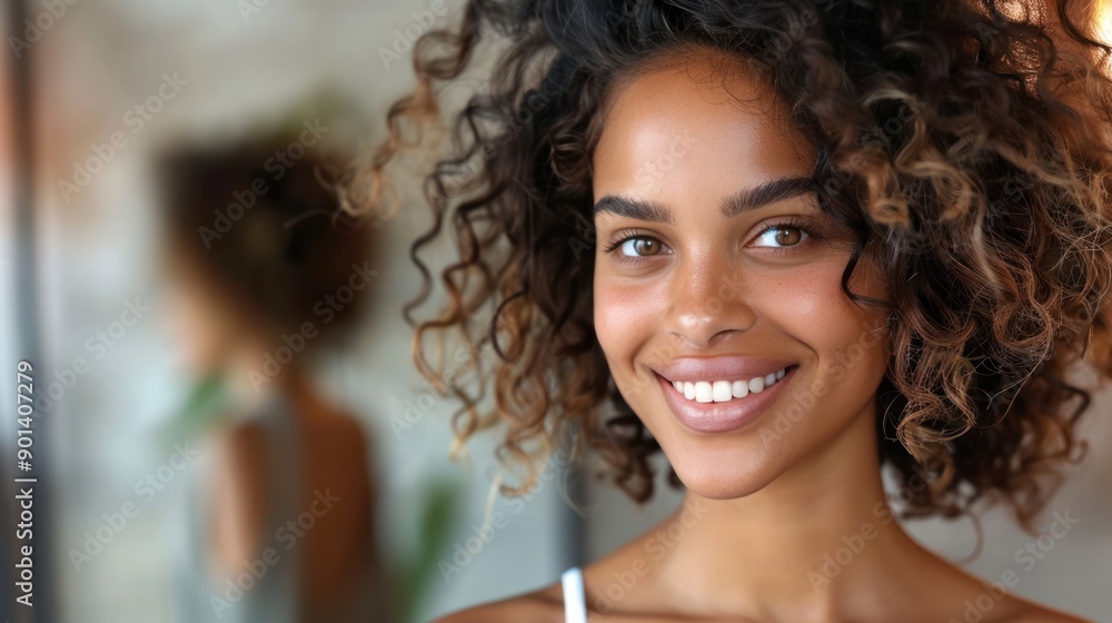 Awoman with freshly styled hair smiling at her reflection, highlighting client happiness Awoman with freshly styled hair smiling at her reflection, highlighting client happiness