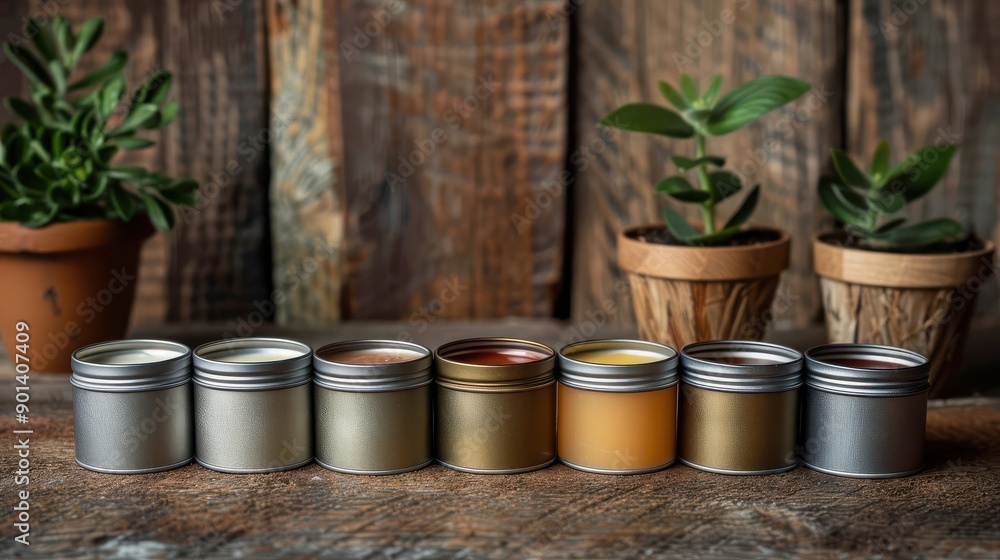 Set of refillable metal tins with lip balms, arranged in a row, various natural shades, rustic background, vintage style, highlighting eco-conscious beauty Set of refillable metal tins with lip balms, arranged in a row, various natural shades, rustic background, vintage style, highlighting eco-conscious beauty