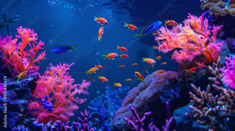 Naklejka premium Exotic oceanic colorful fluorescent coral reef with fishes on blue background. Aquarium hobby. Generative AI