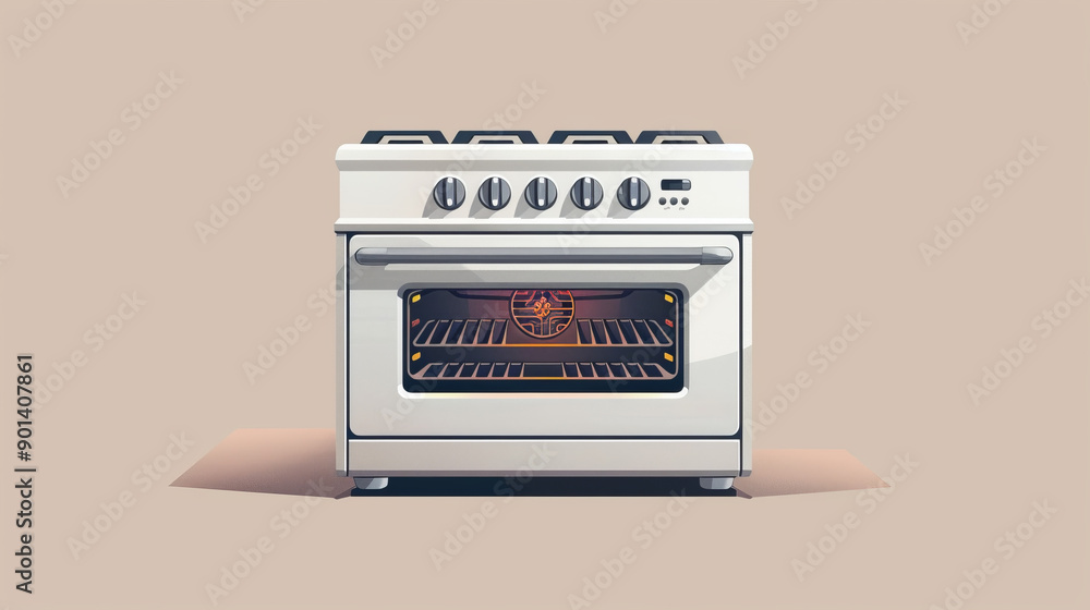 Fototapeta premium Stylized illustration of a modern white gas oven with a lit interior, displayed on a plain beige background.