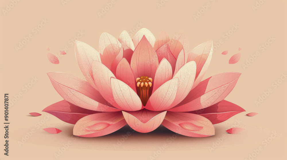 Illustration of a beautiful lotus flower in bloom, featuring vibrant pink petals against a soft beige background. Illustration of a beautiful lotus flower in bloom, featuring vibrant pink petals against a soft beige background.