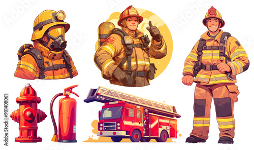firefighters. rescuers lifeguard fireman man fire flames hydrant fire engine extinguisher sticker. vector illustration on white background