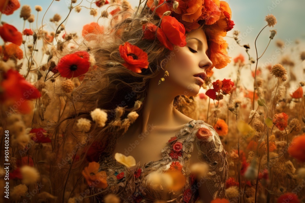 Serene lady adorned with poppies against a golden field backdrop Serene lady adorned with poppies against a golden field backdrop