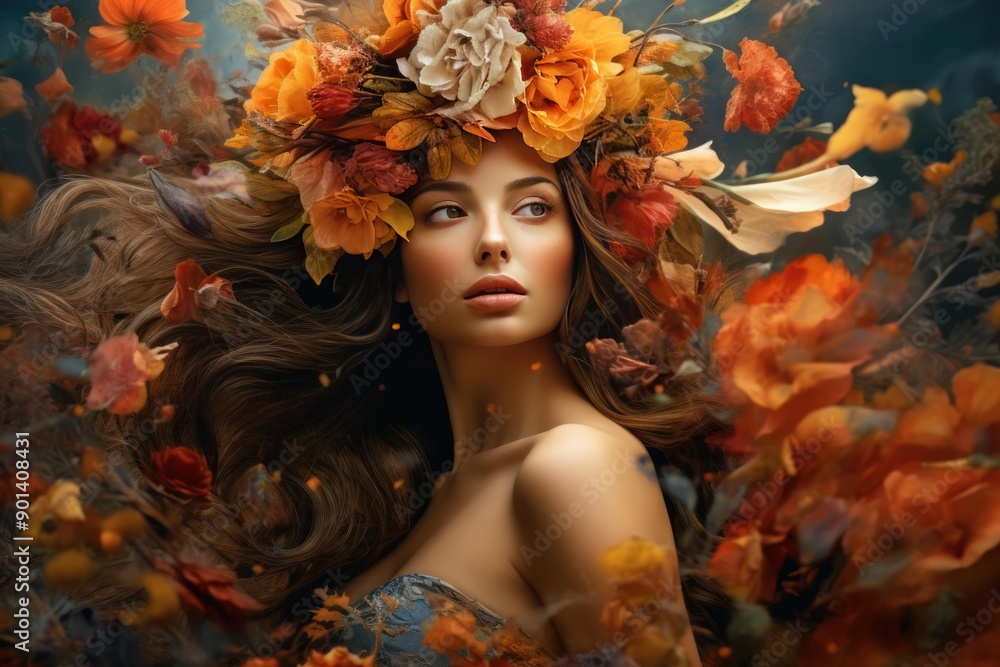 Artistic portrait of a woman adorned with an autumnal floral crown, surrounded by floating leaves Artistic portrait of a woman adorned with an autumnal floral crown, surrounded by floating leaves